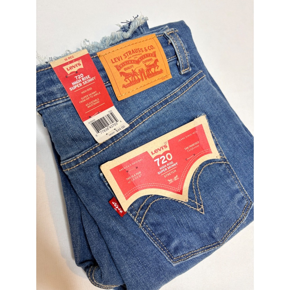Levis 720 High Rise Super Skinny Jeans Distressed Blue Denim Kids Size 16 Reg